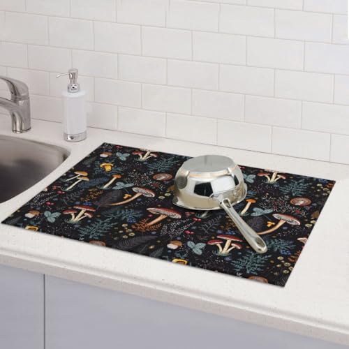 Mushroom Dish Drying Mat For Kitchen Microfiber Drying Mats Absorbent Reversible Dish Pad Draining Mats For Countertop Coffee Mats 18x24 Inch (Mushroom2)