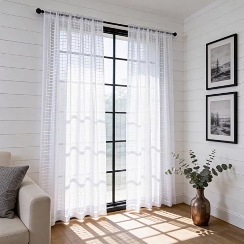 Check Sheer Curtains 108 Inches Long for Living Room (Check - White / 52"W x 108"L (Pack of 2))