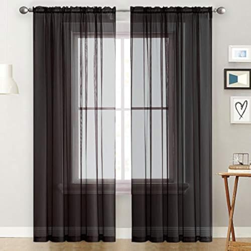 Basic Rod Pocket Sheer Voile Window Curtain Panels White 1 Pair 2 Panels 70 Width 72 Inch Long for Kitchen Bedroom Children Living Room Yard (Black / 70"W x 72"L (Pack of 2))