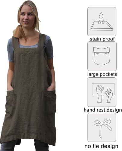 Cross Back Linen Cotton Apron with Pockets (3X-Large / Green)