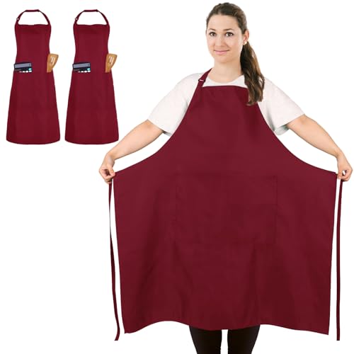 2 Pack Plus Size Waterproof Chef Apron with 2 Pockets for Men Women (Red)