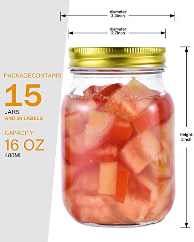 16 oz Mason Jars with Gold Lids 15 Pack Pint Glass Canning Jars (Gold Lids / 16oz-15pack)