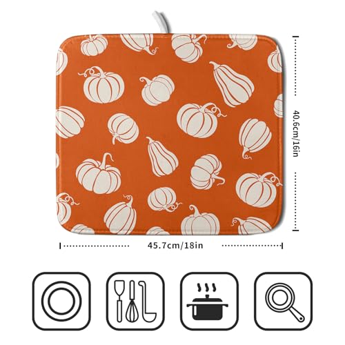 Fall Dish Drying Mat for Kitchen Counter Autumn White Pumpkins Festival Microfiber Absorbent Dish Draining Reusable Washable Foldable 16"x18" (18" x 16")