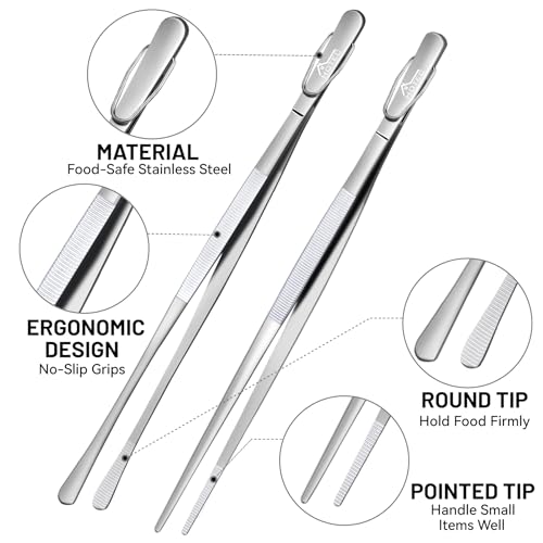Kitchen Tweezers Stainless Steel Cooking Tweezers 2 Pcs (Silver with Hook)