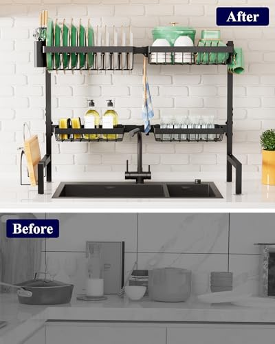 Adjustable Over The Sink Dish Drying Rack (Black / Large)