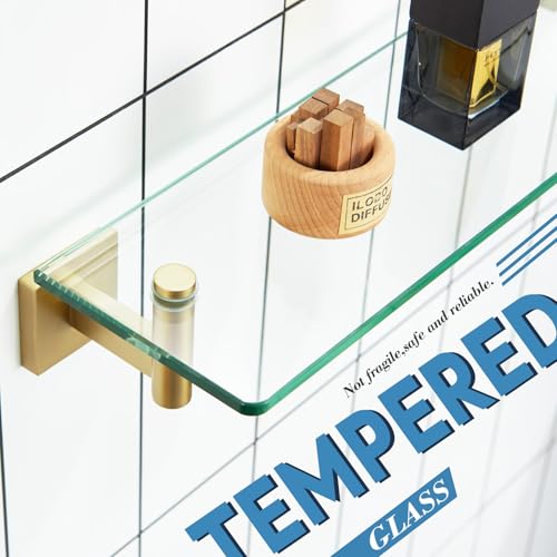Wall Shelves Floating Shelf 16'' Gold Stainless Steel Bathroom Hardware Tempered Glass Hanging Rack Storage (Brushed Gold / 16-Inch(2 Pack))
