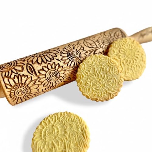SUNFLOWER FIELD Embossed Rolling Pin for Ceramic. Clay Roller and Ceramic Stamp for Embossing Pottery. Baking Gifts for Women by Algis Crafts for Embossed Cookies
