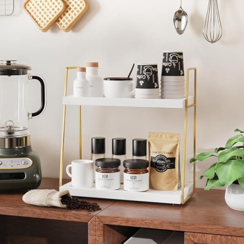 Coffee Bar Organizer for Countertop (White+gold)