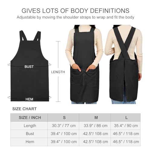 Aprons for Women with Pockets Plus Size Comfort Cross Back No Tie Cotton Linen Apron Pinafore (Black / Medium)