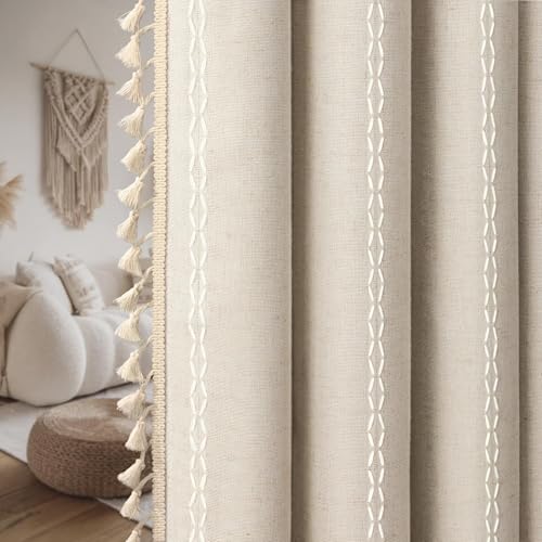 Boho 100% Blackout Curtains 63 Inch 2 Panels Linen Blend Beige (Beige / 52"W x 63"L (Pack of 2))
