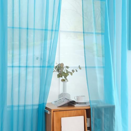 Solid Sheer Rod Pocket Curtain Voile Draperies 2 Panels White Beige Black Grey Coffee 52 Inch Width 108 Inch Long 1 Pair for Kitchen Bedroom Children Living Room Yard (Cyan Blue / 52"W x 108"L (Pack of 2))
