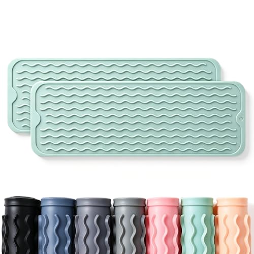 2 Pack Caketime Silicone Dish Drying Mat for Kitchen Counter Under Bathroom Sink Near Faucet Absorbent for Dishes Water Heat Resistant Pad with Soap Holder Decor essentials 17inchx6inch Green (Green / 17"*6")