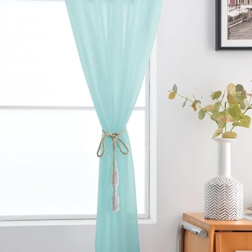 Basic Rod Pocket Sheer Voile Window Curtain Panels Sky Blue 1 Pair 2 Panels 52 Width 54 Inch Long for Kitchen Bedroom Children Living Room Yard（Sky Blue (Sky Blue / 52"W x 54"L (Pack of 2))