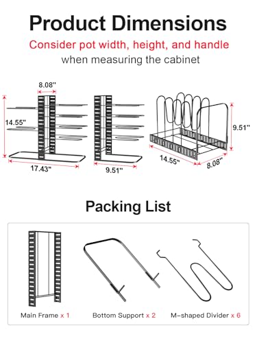 8 Tier Lightweight Pots and Pans Organizer under Cabinet (Black / 14.55"H)