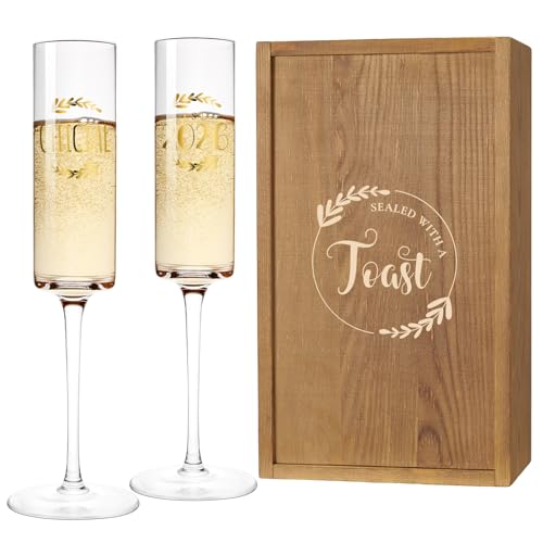 Engagement Champagne Flutes Set of 2 with Wooden Keepsake Box (Engagement（Brown） / Set of 2（Wooden box）)