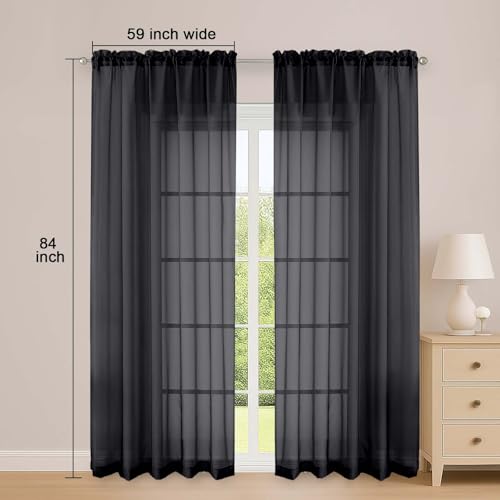 Sheer Curtains 84 Inches Long 2 Panels Set (Black / 59"W x 84"L (Pack of 2))
