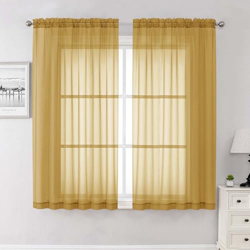 Gold Sheer Curtains 63 Inch Length 2 Panels (Gold / 59"W x 63"L (Pack of 2))