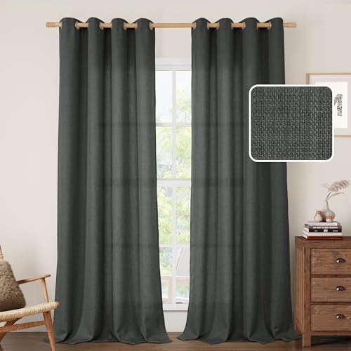 Dark Grey Semi Sheer Linen Curtains 90 Inch for Living Room 2 Panels (52"W x 90"L (Pack of 2) / Silver Grommet-dark Grey)