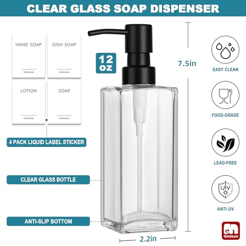 Glass Soap Dispenser with Stainless Steel Pump (Clear Bottle + Black Pump / 2 Pack)