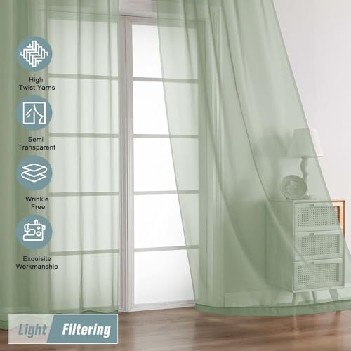 Sage Green Sheer Curtains for Window 96 Inches Long 2 Panels (42"W x 96"L (Pack of 2) / Sage Green)