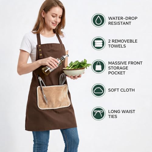 Kitchen Apron for Women Men with Pocket & Hand Towel (Brown)