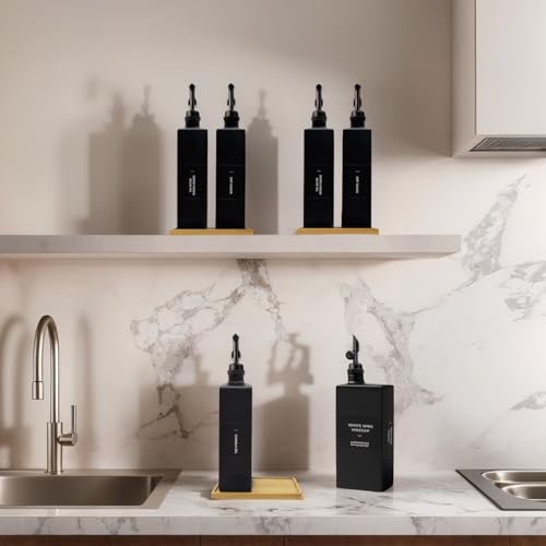 Olive Oil Dispenser Bottle for Kitchen with Bamboo Tray (Black / 16.9oz, Set of 2)