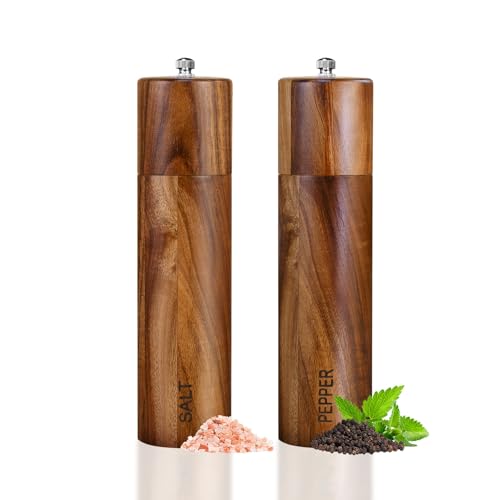 2 Pack Acacia Wooden Salt and Pepper Grinder Set 8 Inches Refillable