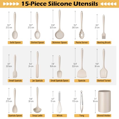 15 Piece Kitchen Cooking Utensil Set (Khaki)