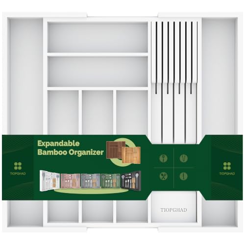 Expandable Bamboo Silverware Drawer Organizer Kitchen Tray (White / Large)