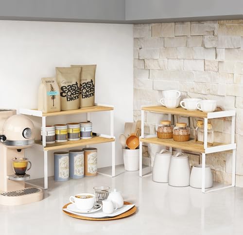 4 Pack Stackable Cabinet Shelves Organizer (Large / White-bamboo)