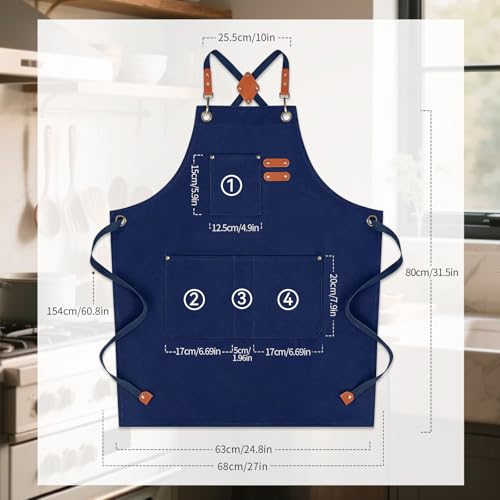 Chef Aprons for Men Women with Large Pockets (Navy Blue)