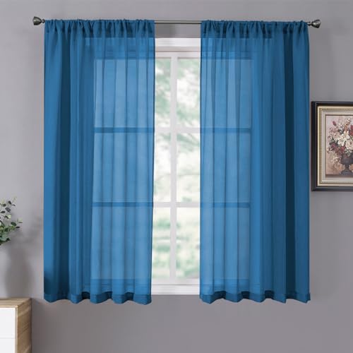 Sheer Curtains Linen Textured Bedroom Curtain Sheers Light Filtering Rod Pocket Voile Curtains for Living Room (54"W x 63"L (Pack of 2) / Classic Blue)