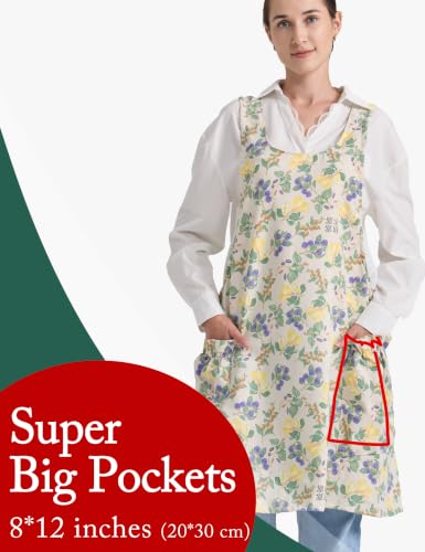 Cozy Adjustable Cross Back Aprons for Women with Pockets Cotton Linen Cooking Kitchen Baking Fruits Garden (Fruits Garden)