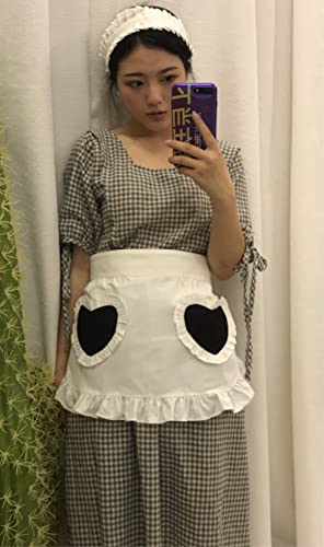 Waist Apron Kitchen Cooking Restaurant 100% Cotton Bistro Half Aprons with Pockets For Girl Woman (Blk Red Hearts)