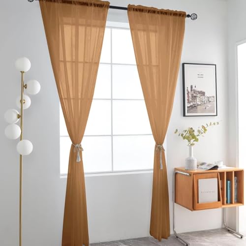 Basic Rod Pocket Sheer Voile Window Curtain Panels Light Brown 1 Pair 2 Panels 52 Width 72 Inch Long for Kitchen Bedroom Children Living Room Yard（Light Brown (Light Brown / 52"W x 72"L (Pack of 2))