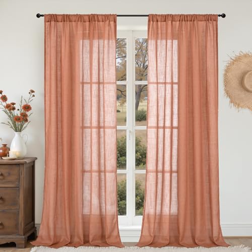 Terracotta Linen Semi Sheer Curtains for Living Room 84 Inches Long (Terracotta / 52"W x 84"L (Pack of 2))