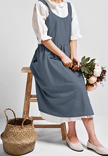 Japanese Cotton Cross Back Smock Apron for Women with Pockets Blue Grey (04 - Blue Grey Without Waist Ties)