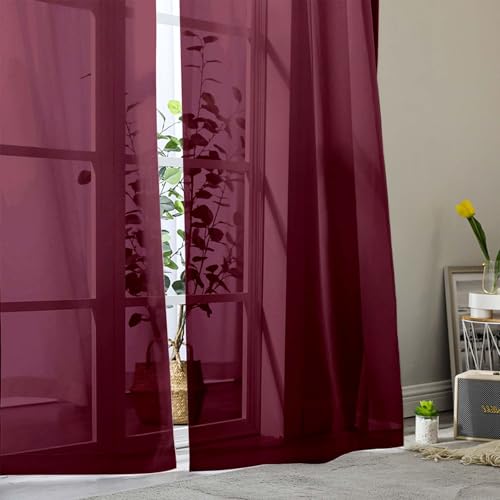 Burgundy Sheer Curtains for Bedroom Living Room 96 Inches Long 2 Panels (Burgundy / 42"W x 96"L (Pack of 2))