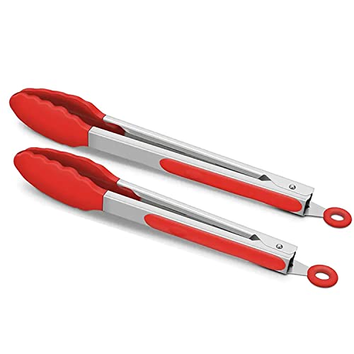 2-Pack of 9" (Small) & 12" (Large) Kitchen Tongs Set: Non-Stick Silicone-Stainless Steel Cooking Tongs, BPA Free, Heat Resistant (480°F) - Non-Slip Grip & Locking Metal Food Tongs (Red) (Red)