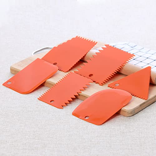 6pcs Cake Scraper Decorating Comb and Icing Smoother Reusable Bread Cream Pizza Cutter (6Pcs-Orange)