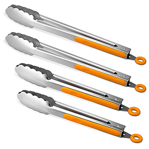 304 Stainless Steel Locking Kitchen Tongs (9" & 9" & 12" & 12" / Orange)