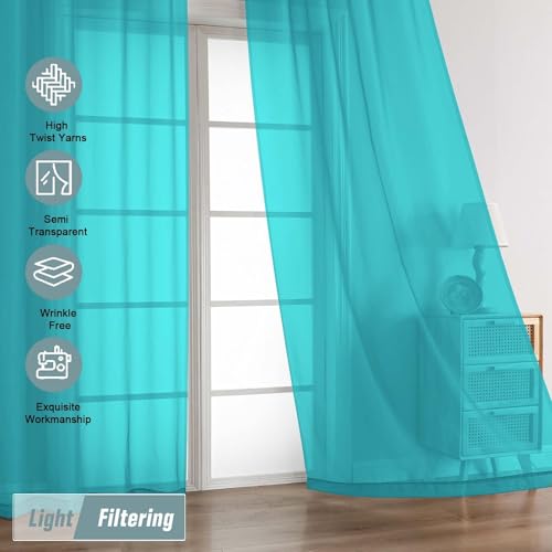 Turquoise Sheer Curtains for Window 96 Inches Long 2 Panels (42"W x 96"L (Pack of 2) / Turquoise)
