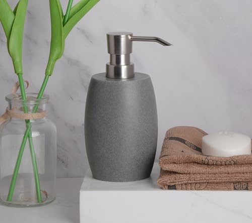 Sandstone Textured Resin Soap Dispenser with Metallic Pump and Waterproof Bottle Labels for Bathroom Kitchen Dish Hand Wash Shower Lotion Shampoo (Dark Gray)