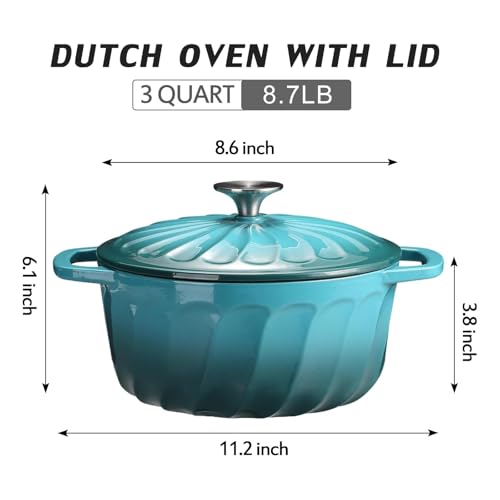 Enameled Cast Iron Dutch Oven Pot with Lid (BlueGreen / 3 QT)