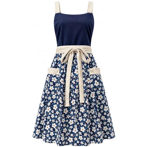 Pinafore Apron Dress for Women Adjustable Flower Work Aprons for Kitchen Cooking Baking Gardening with Pockets (Navy)