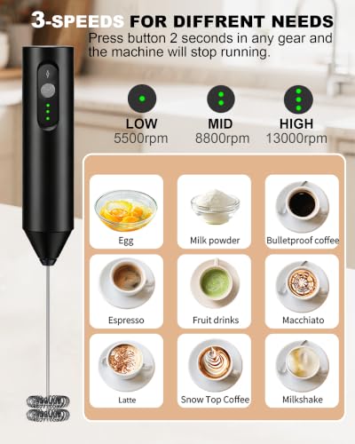 3 Speed Rechargeable Milk Frother Handheld Foam Maker (True Black)