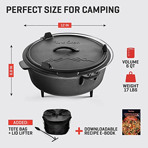 6Qt Cast Iron Camping Dutch Oven with Lid Lifter and Storage Bag