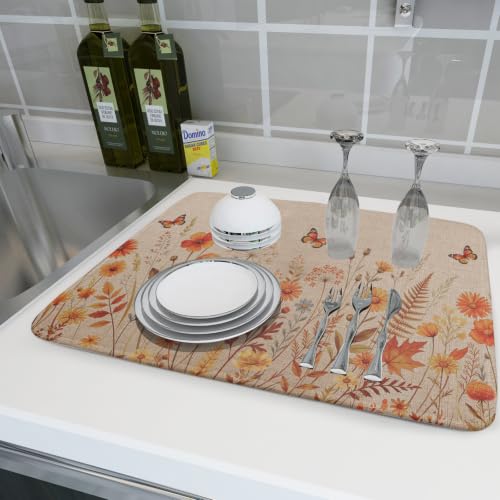 Rustic Fall Flowers Dish Drying Mat Retro Autumn Orange Floral Butterfly Dish Drainer Mats 18"x24" Microfiber Reversible Dish Drying Rack Pad Protector for Kitchen Countertop Decor (24" x 18")