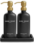 Luxury Glass Hand and Dish Soap Dispenser Set by Brighter Barns (Black/Gold Hd)