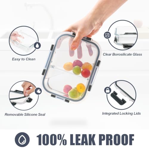 6 Pack 2 Compartment Glass Meal Prep Containers with Lids (34oz, 2 Compartment-Grey)